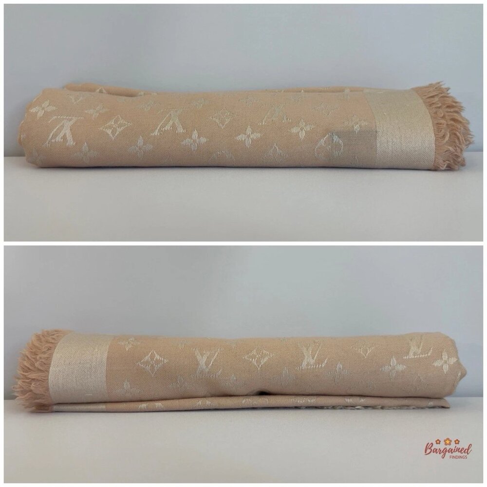 Authentic Louis Vuitton Pink/Beige Silk Wool Monogram Shawl Scarf 55x55 - M72046 - Picture 6 of 8